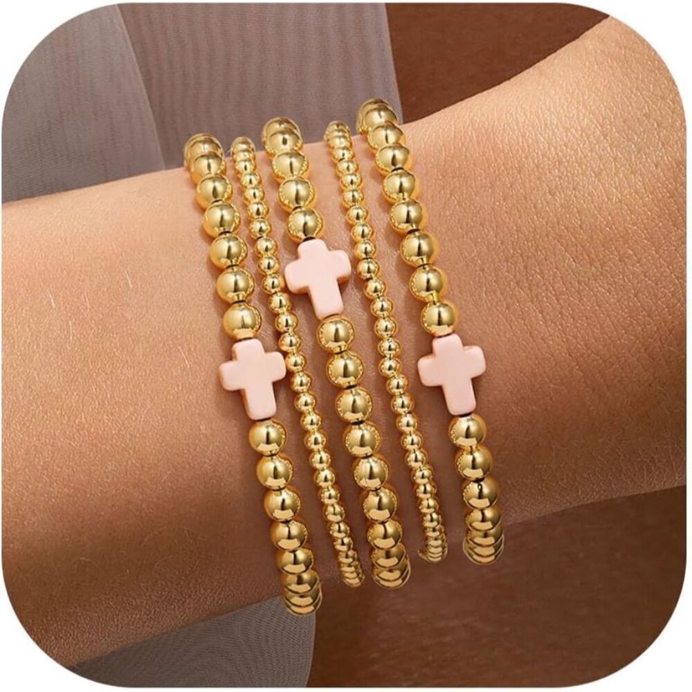 Women's Bead (3/5mm)+ Cross - 5pcs 14K Gold Plated Bead & Pearl Bracelet Stack